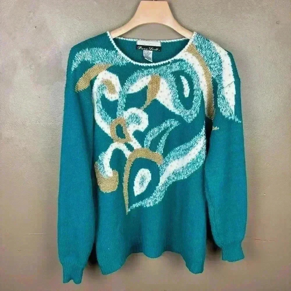 Vintage Dana Scott Teal & Gold Embellished Sweater Size Small 80s Sweater - Picture 2 of 8